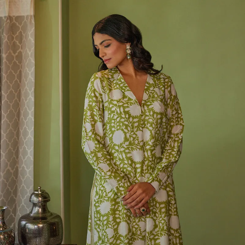 Muslin Tunic Kurta Set for Women | Handblock Print | Green