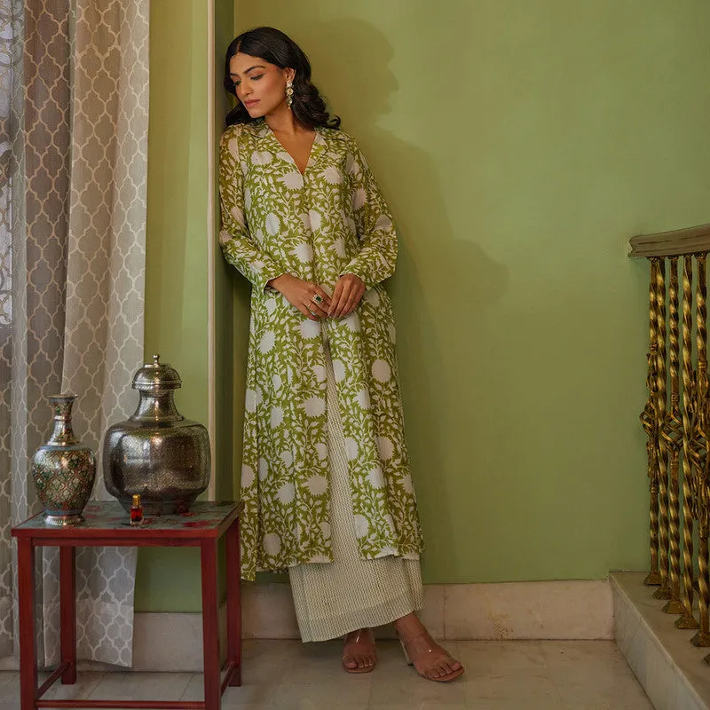 Muslin Tunic Kurta Set for Women | Handblock Print | Green