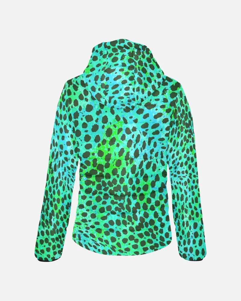 Neon Green Leopard Print Womens Hooded Puffer Jacket