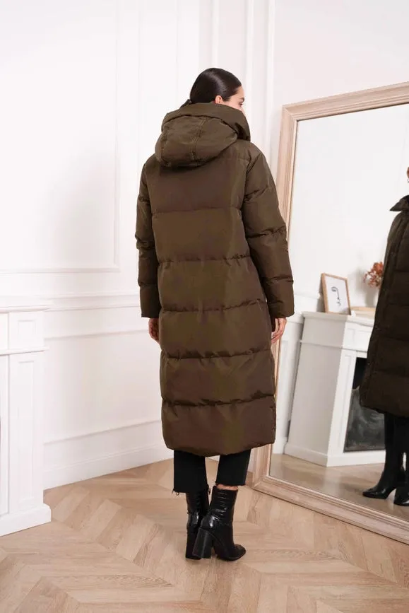 Oversized Long Quilted Hooded Parka Khaki