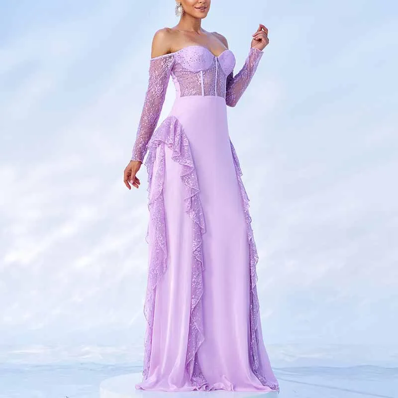 Purple Maxi Dress Off Shoulder Corset Prom Dress Lace Wedding Guest Dress