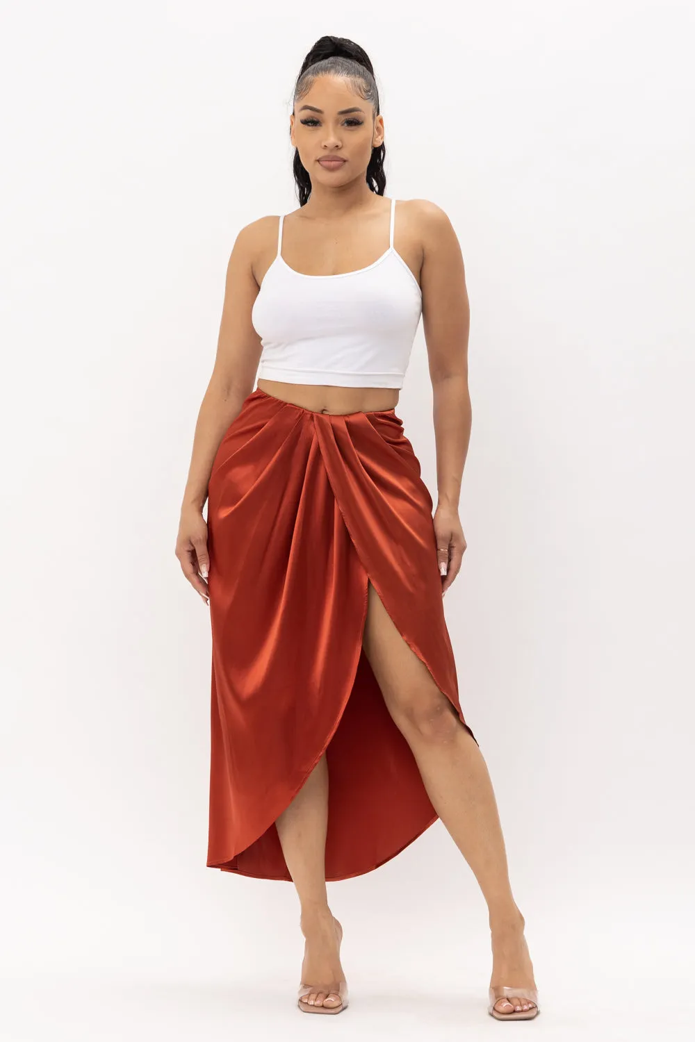 Rust Satin Open Front Ruched Wrap Flare Maxi Skirt