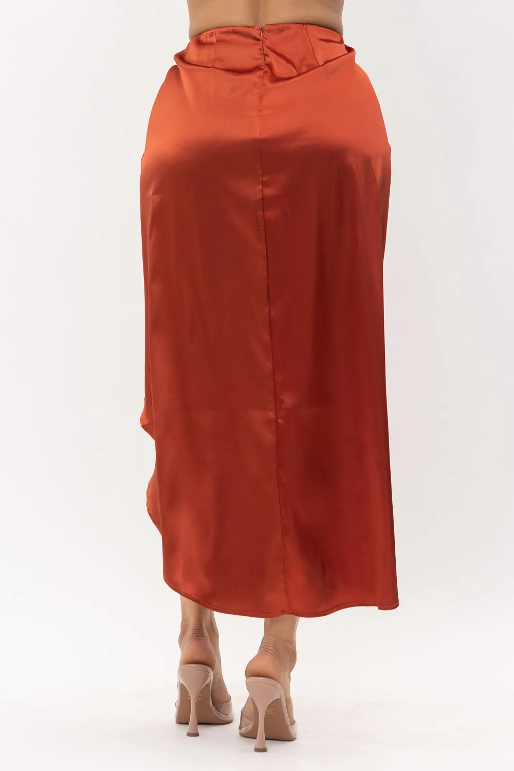 Rust Satin Open Front Ruched Wrap Flare Maxi Skirt