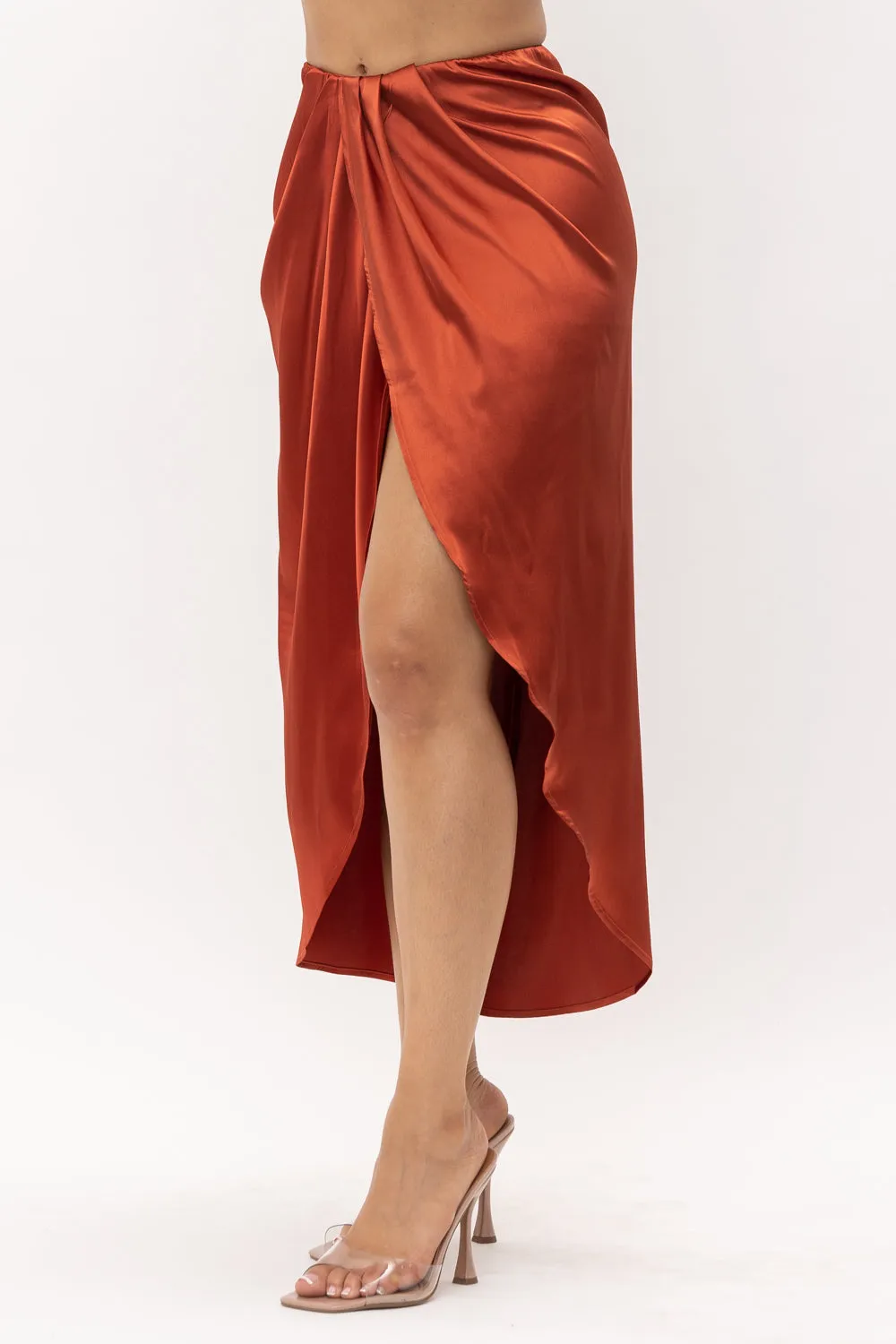 Rust Satin Open Front Ruched Wrap Flare Maxi Skirt
