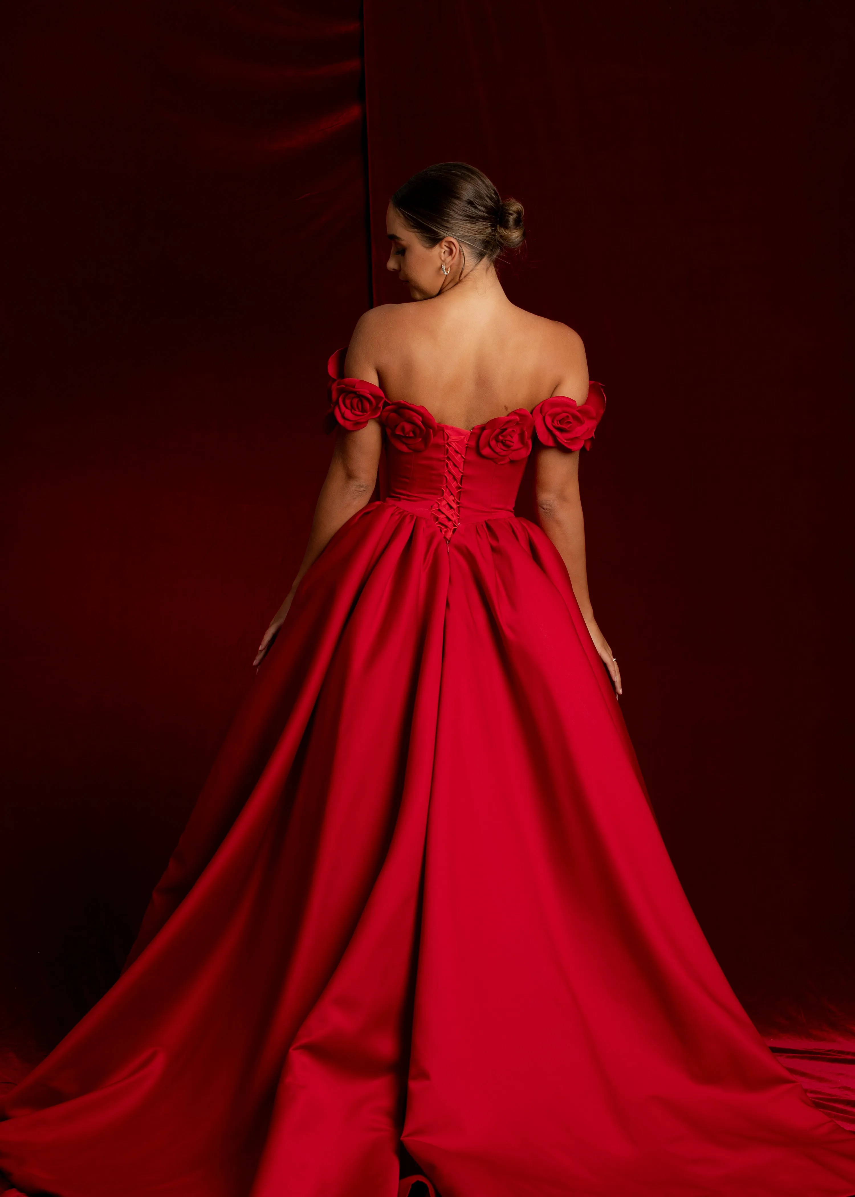 Satin red dress with 3D rose off the shoulder sleeves