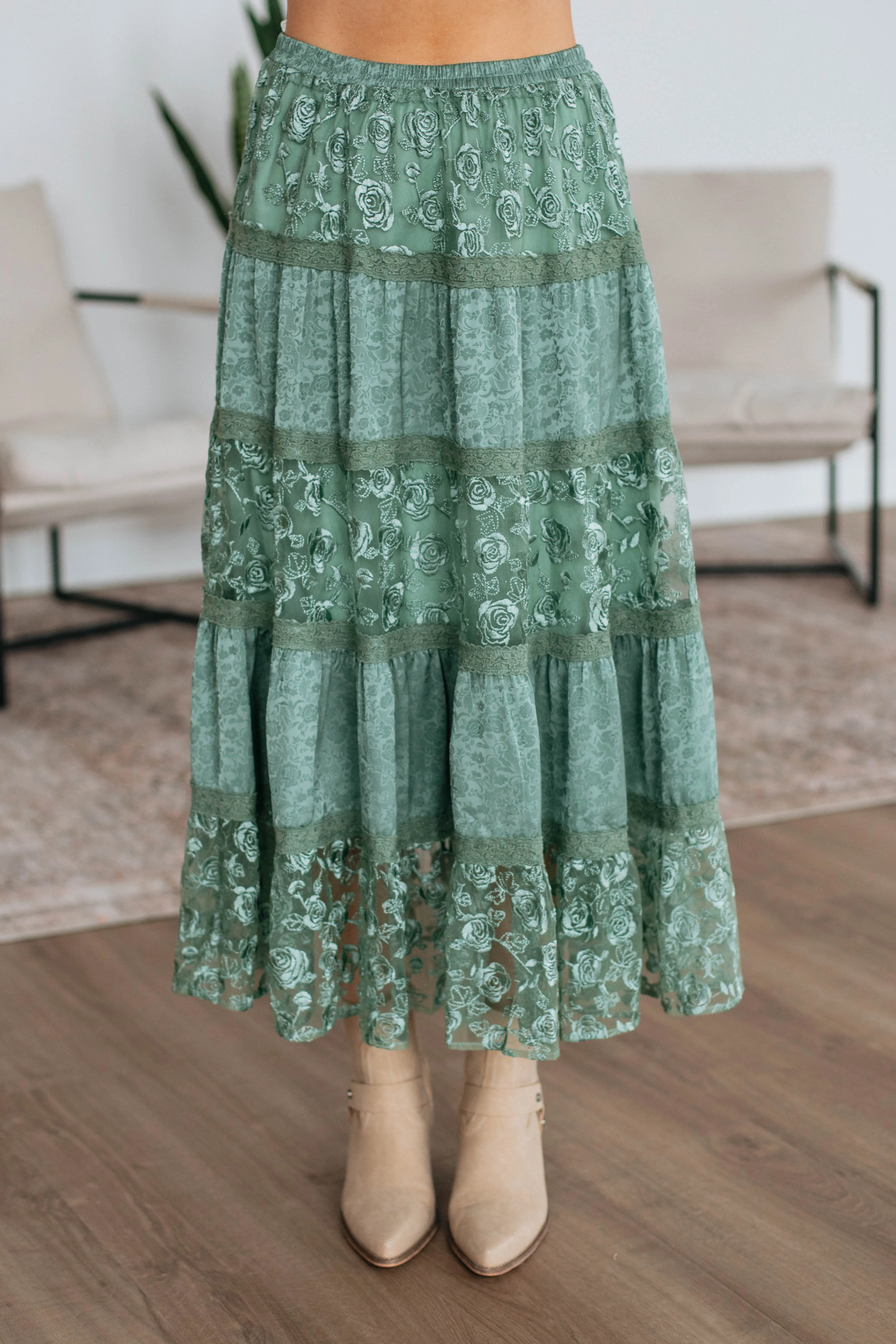 Serene Lace Maxi Skirt - Dark Sage
