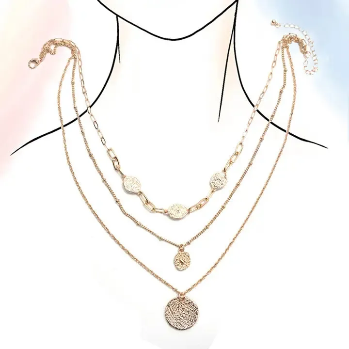 Textured Circle Pendant Multi Layered Necklace
