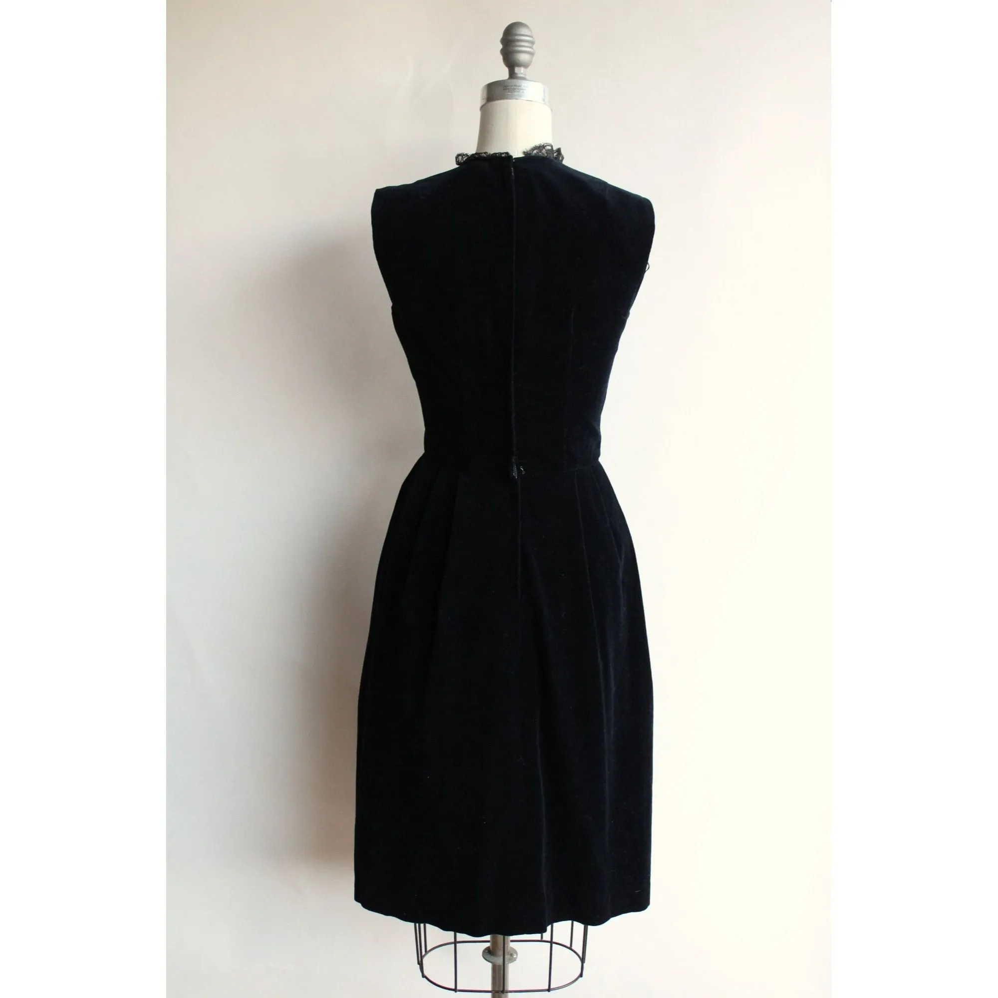 Vintage 1960s Black Velvet Wiggle Dress WIth Lace Ruffle and Bow