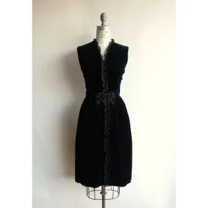 Vintage 1960s Black Velvet Wiggle Dress WIth Lace Ruffle and Bow