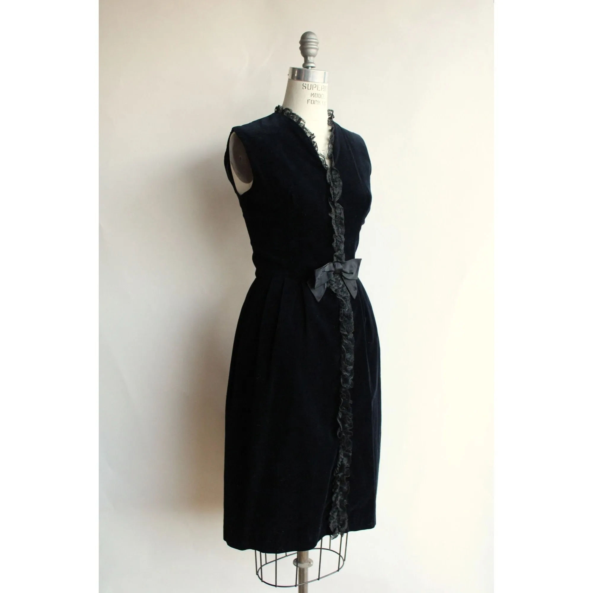Vintage 1960s Black Velvet Wiggle Dress WIth Lace Ruffle and Bow
