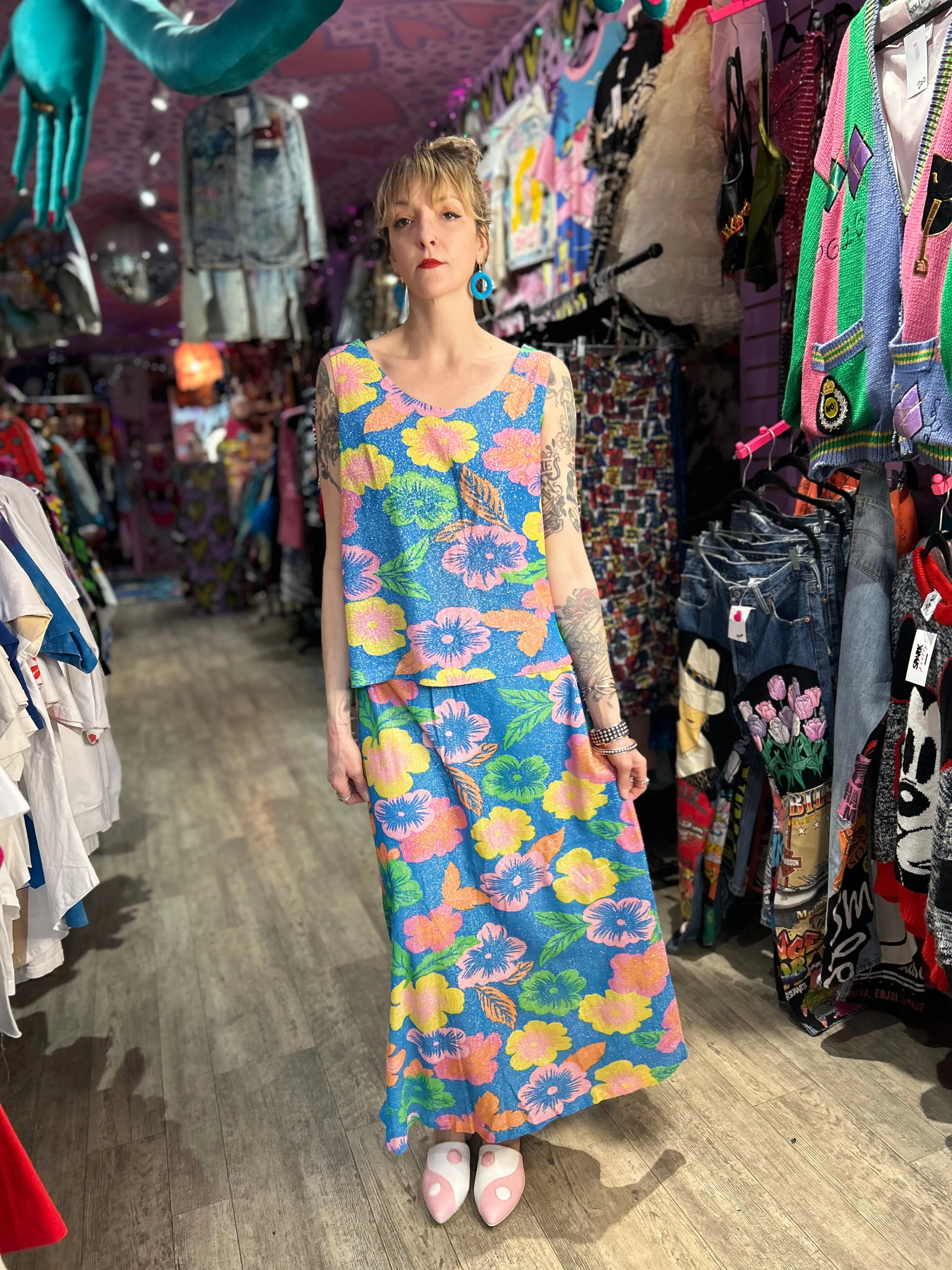 Vintage 70s Pastel Glitter Flower Two Piece Set