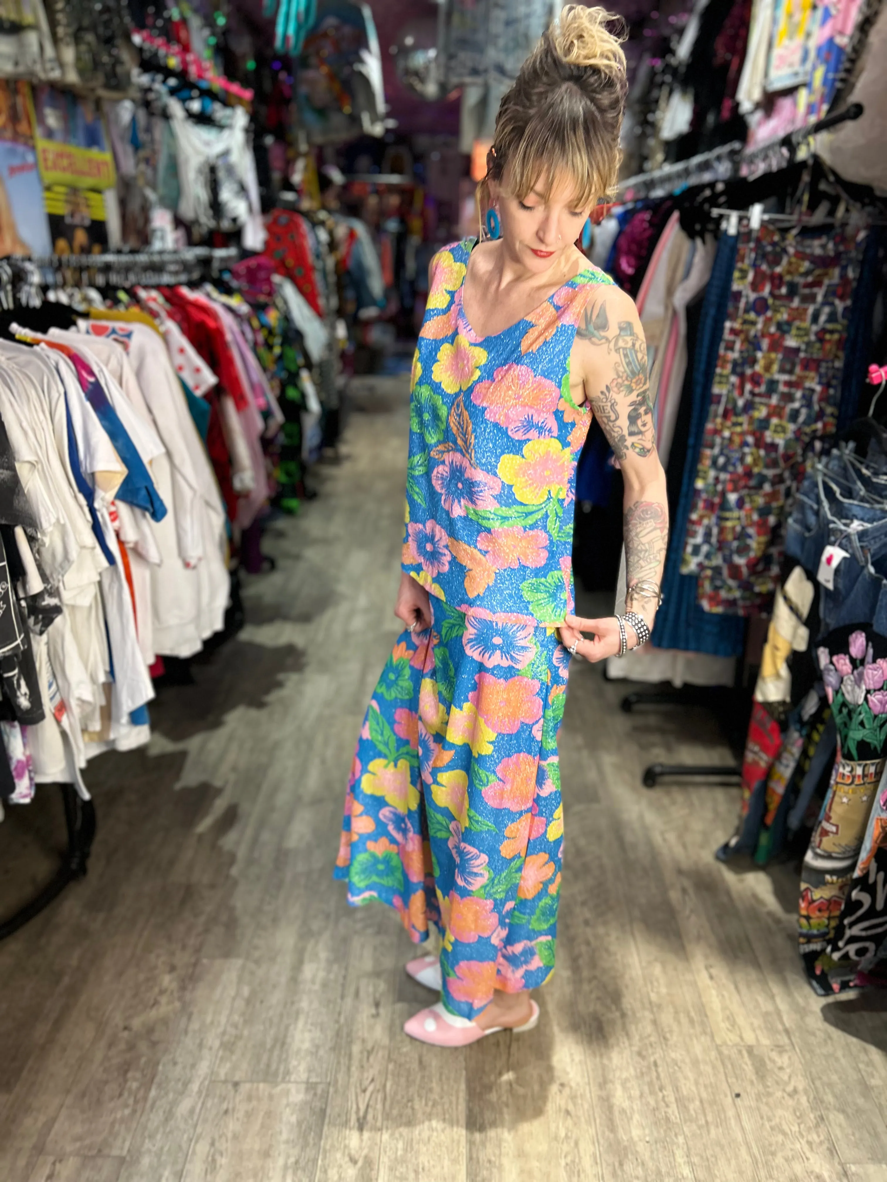 Vintage 70s Pastel Glitter Flower Two Piece Set