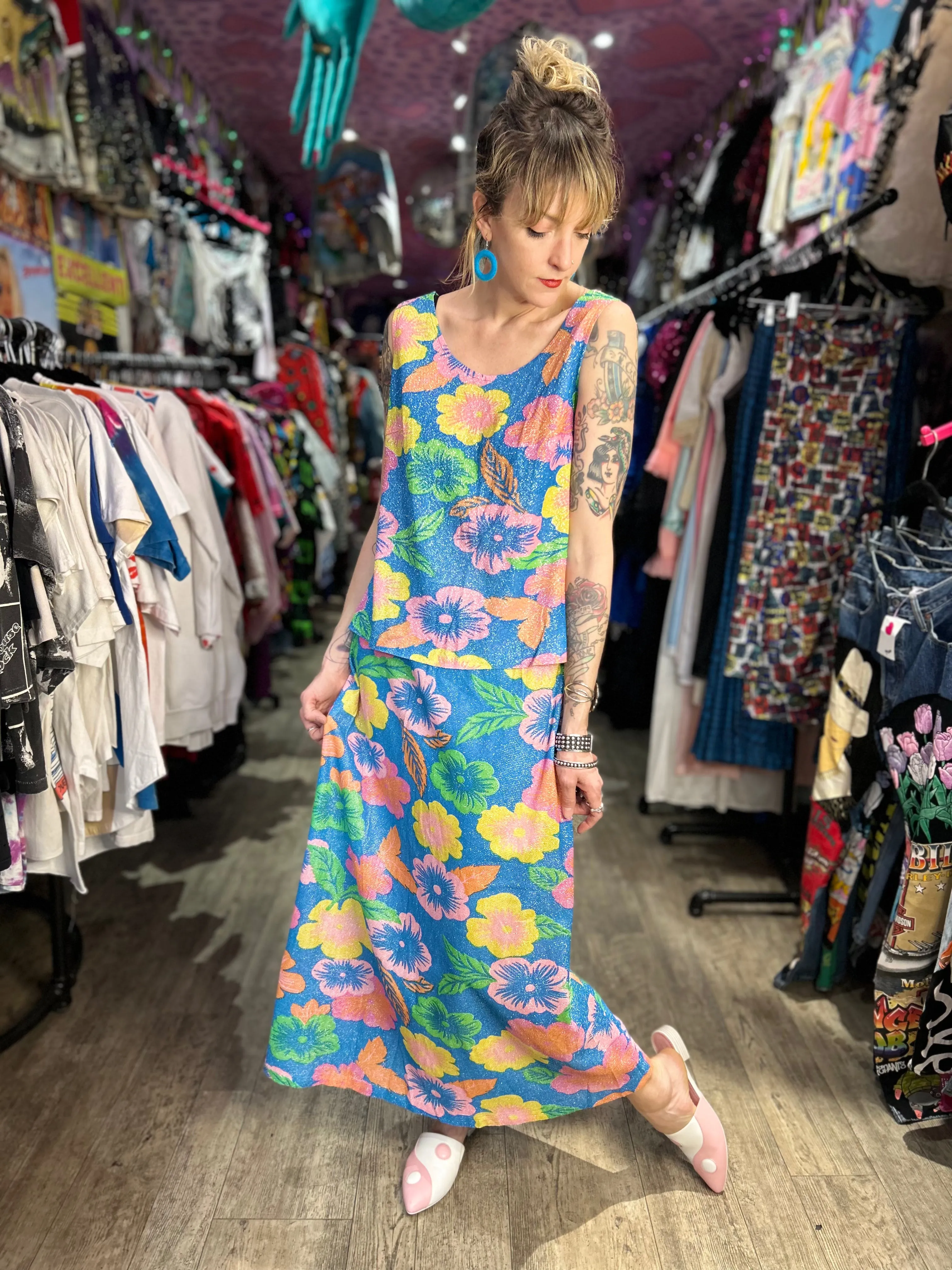 Vintage 70s Pastel Glitter Flower Two Piece Set