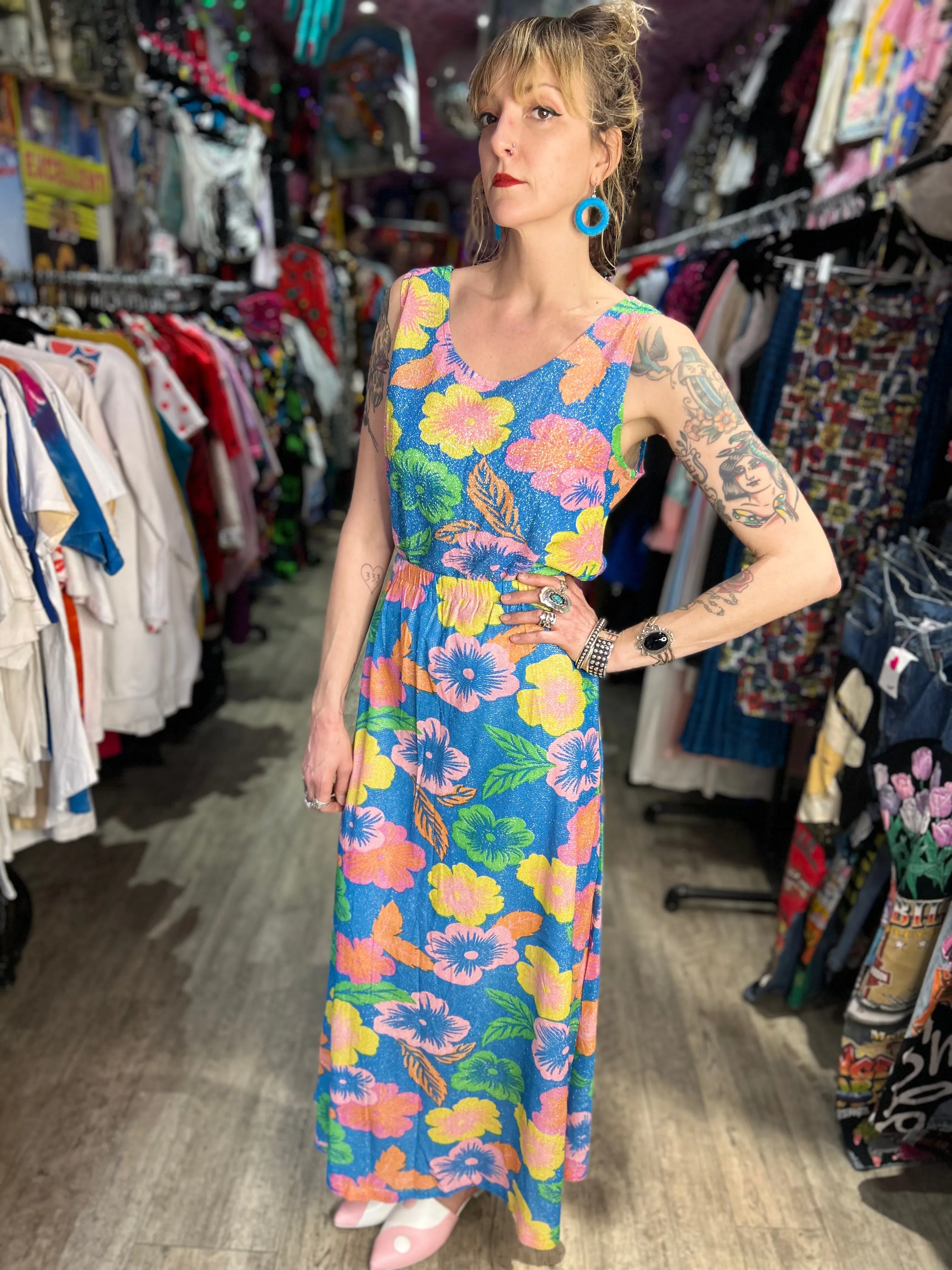 Vintage 70s Pastel Glitter Flower Two Piece Set