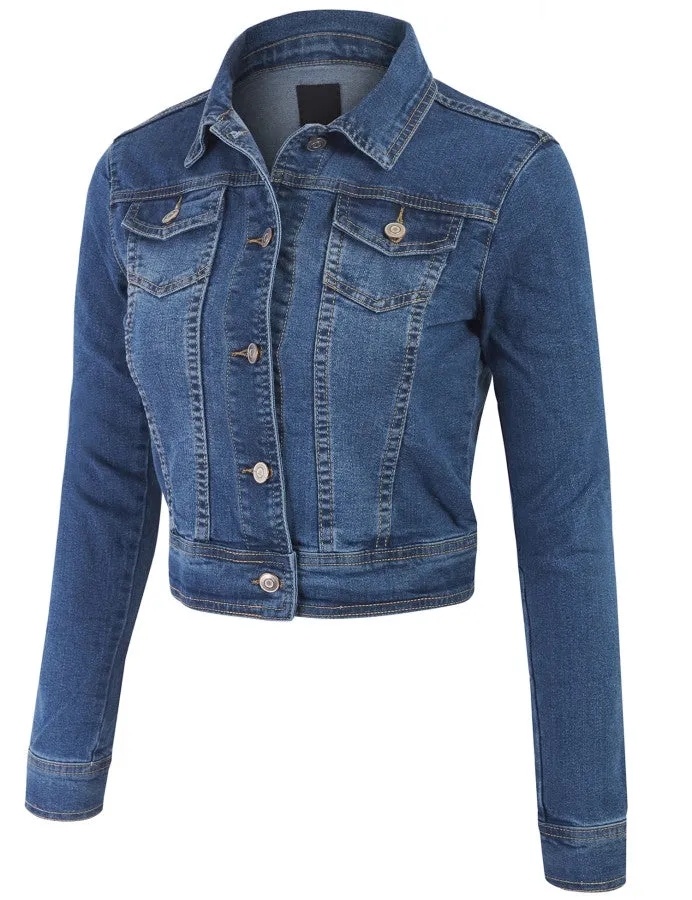 Vintage Wash cropped Denim Jacket with Front Chest and Side Pockets