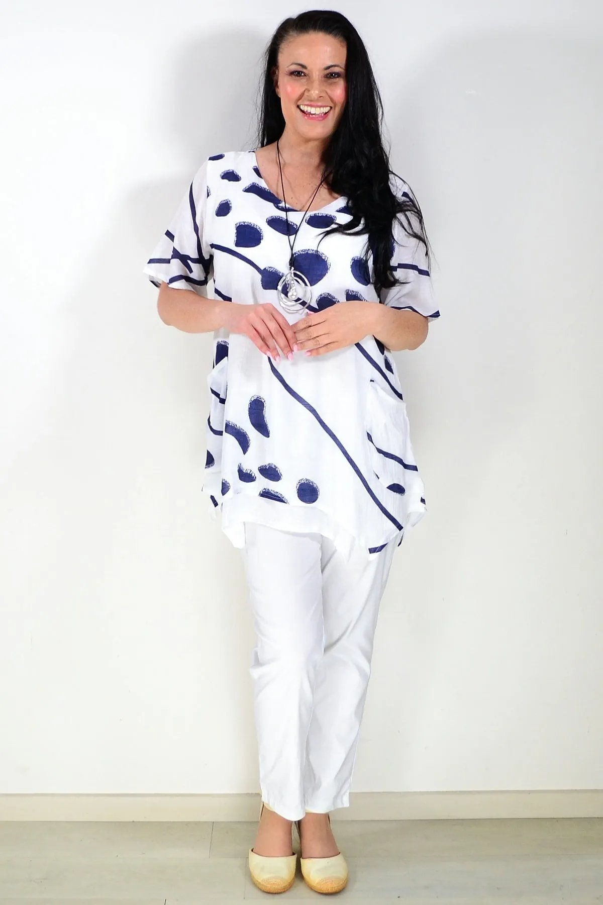 White Blue Dots Tunic Top