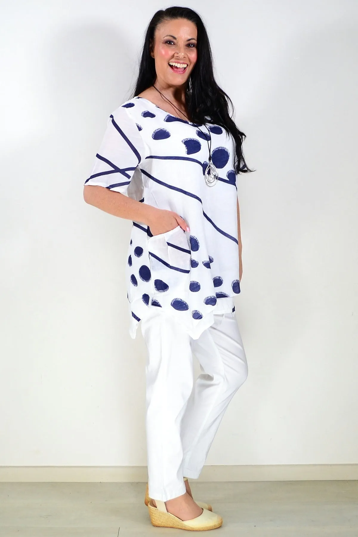 White Blue Dots Tunic Top