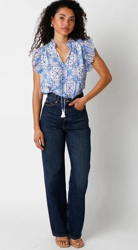 White/Blue Print Top