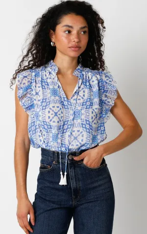 White/Blue Print Top