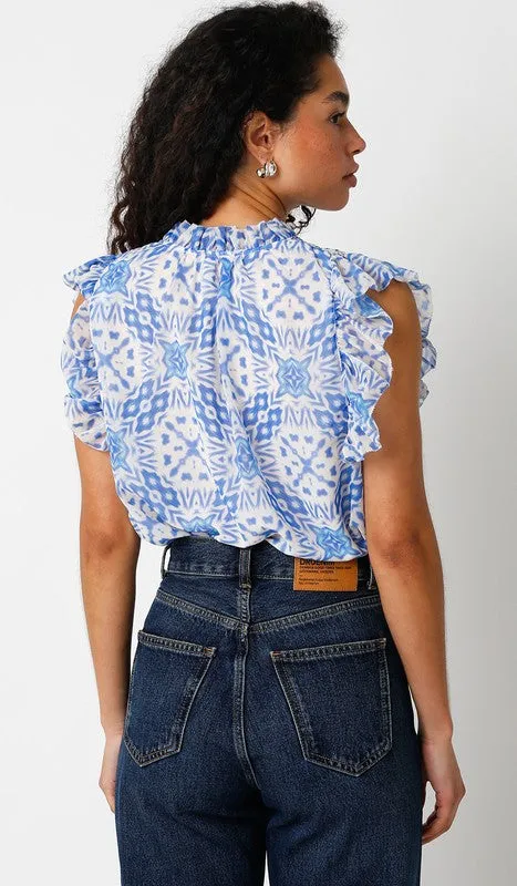 White/Blue Print Top
