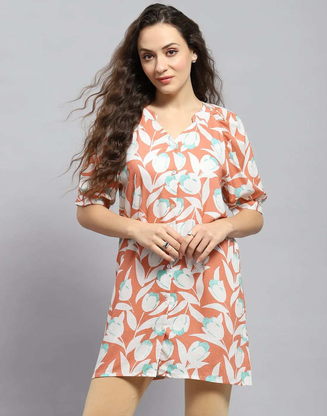 Women Rust Printed Mandarin Collar Short Sleeve Tunic