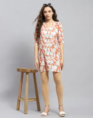 Women Rust Printed Mandarin Collar Short Sleeve Tunic