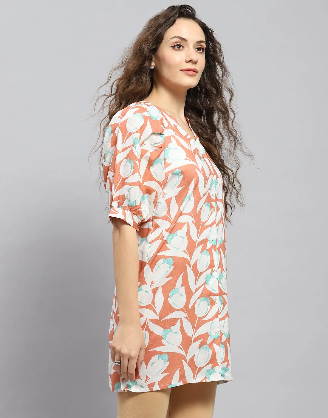 Women Rust Printed Mandarin Collar Short Sleeve Tunic