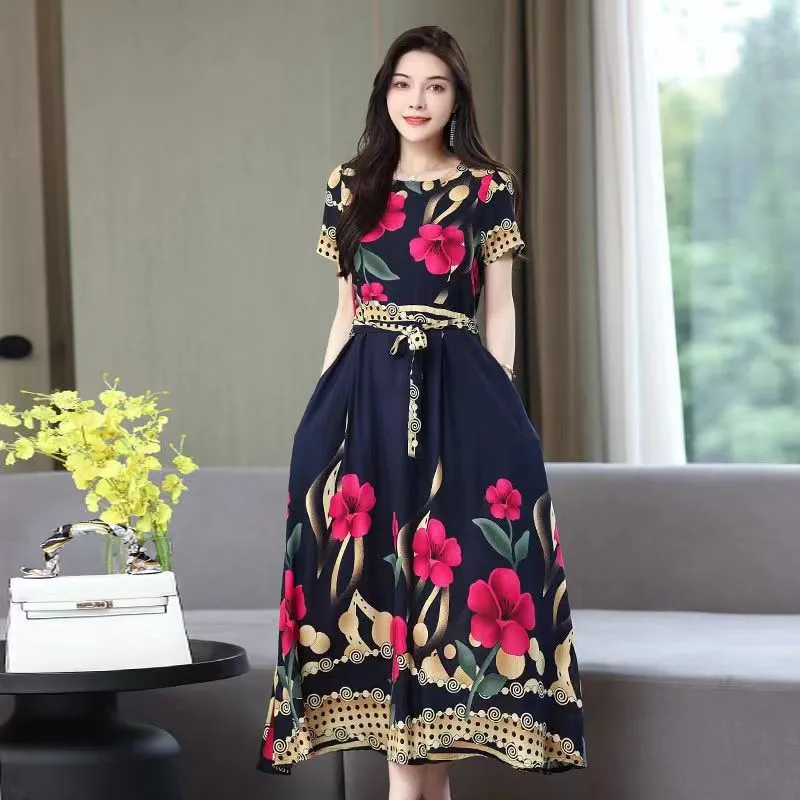 Women Summer Casual Loose Party Printing O-neck Maxi Dresses - WD8055