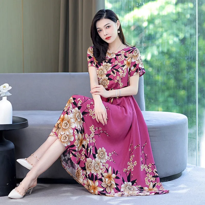 Women Summer Casual Loose Party Printing O-neck Maxi Dresses - WD8055