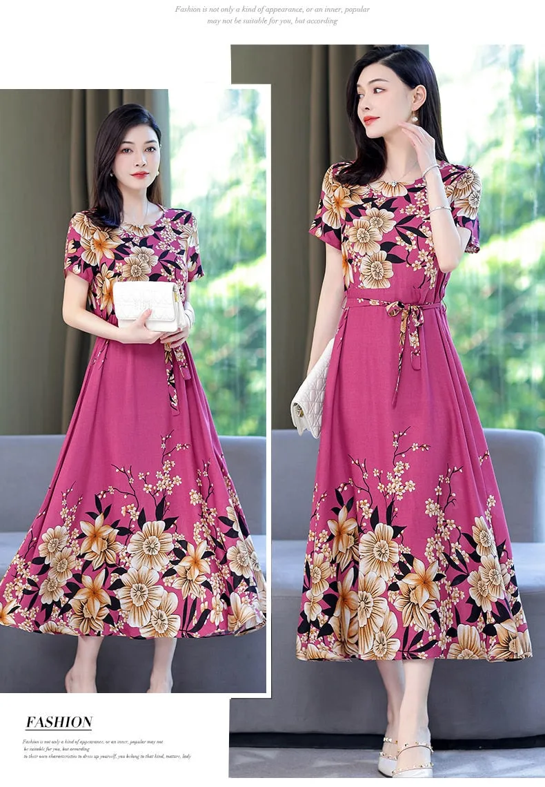 Women Summer Casual Loose Party Printing O-neck Maxi Dresses - WD8055