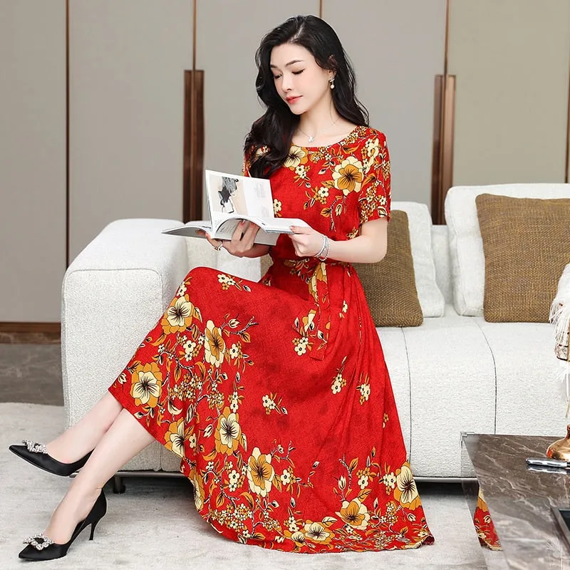 Women Summer Casual Loose Party Printing O-neck Maxi Dresses - WD8055