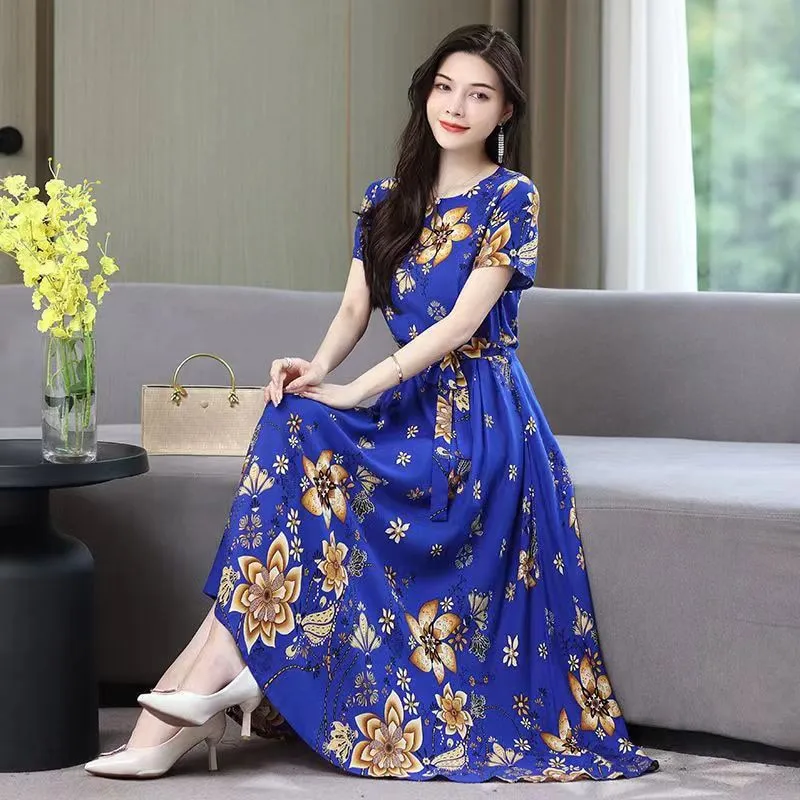 Women Summer Casual Loose Party Printing O-neck Maxi Dresses - WD8055