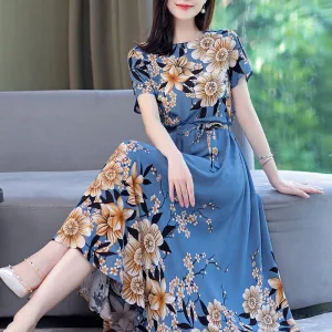 Women Summer Casual Loose Party Printing O-neck Maxi Dresses - WD8055