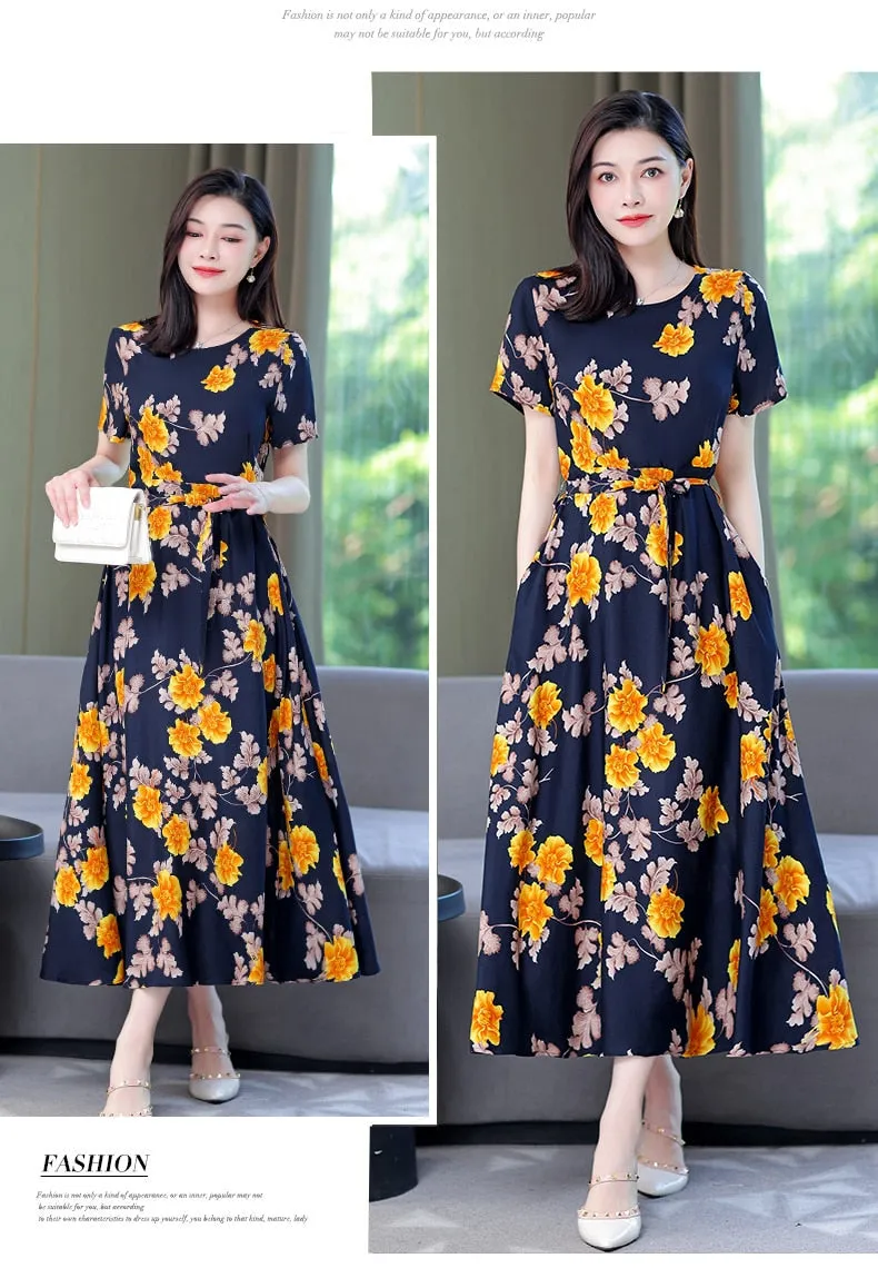 Women Summer Casual Loose Party Printing O-neck Maxi Dresses - WD8055