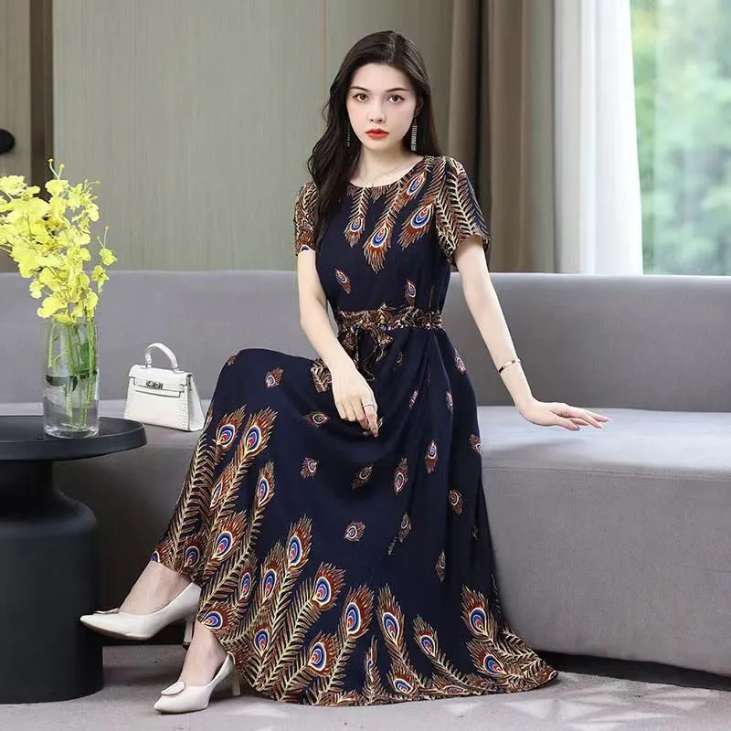 Women Summer Casual Loose Party Printing O-neck Maxi Dresses - WD8055