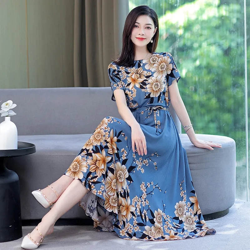 Women Summer Casual Loose Party Printing O-neck Maxi Dresses - WD8055