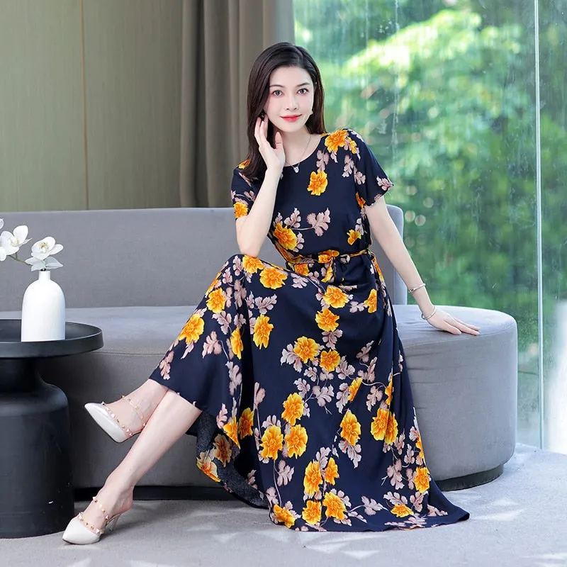 Women Summer Casual Loose Party Printing O-neck Maxi Dresses - WD8055