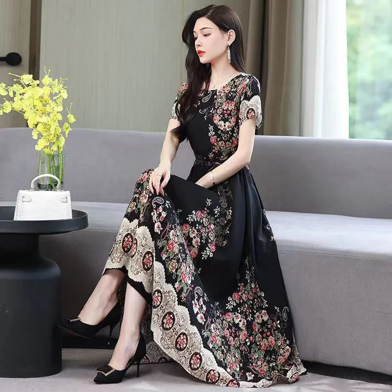 Women Summer Casual Loose Party Printing O-neck Maxi Dresses - WD8055