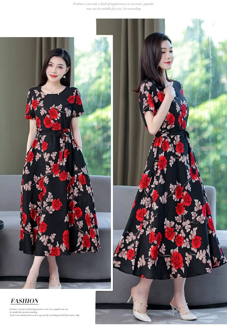 Women Summer Casual Loose Party Printing O-neck Maxi Dresses - WD8055