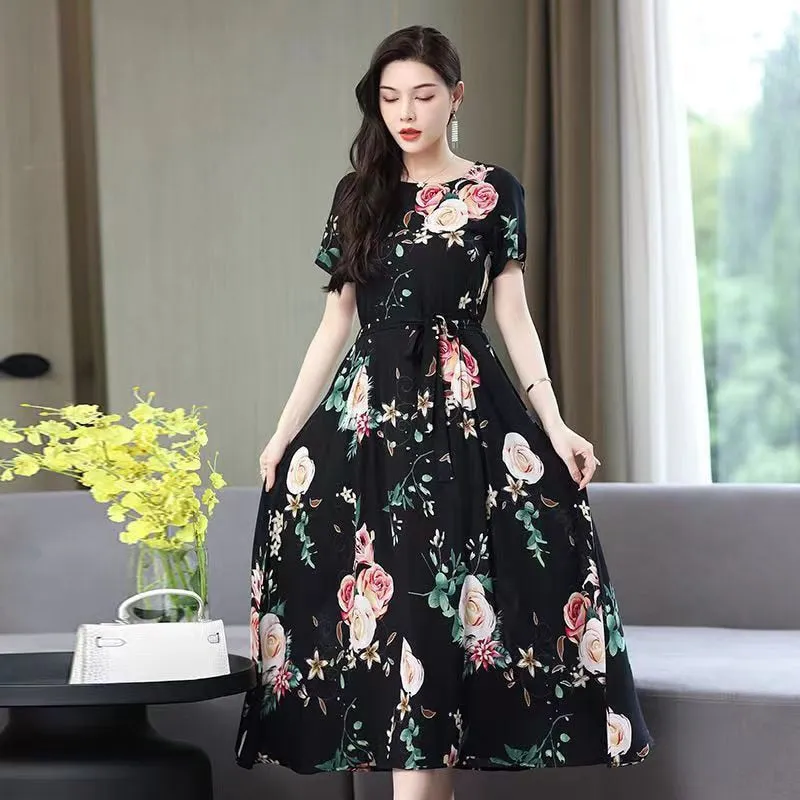 Women Summer Casual Loose Party Printing O-neck Maxi Dresses - WD8055
