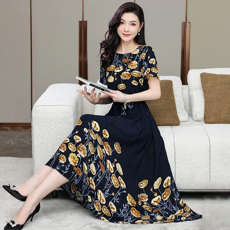 Women Summer Casual Loose Party Printing O-neck Maxi Dresses - WD8055