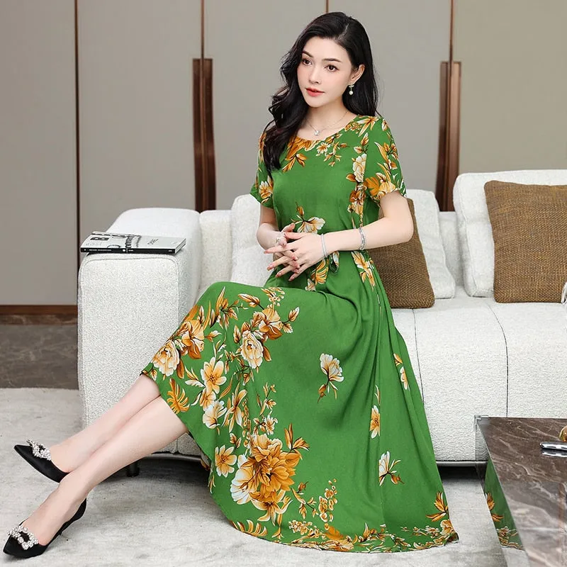 Women Summer Casual Loose Party Printing O-neck Maxi Dresses - WD8055