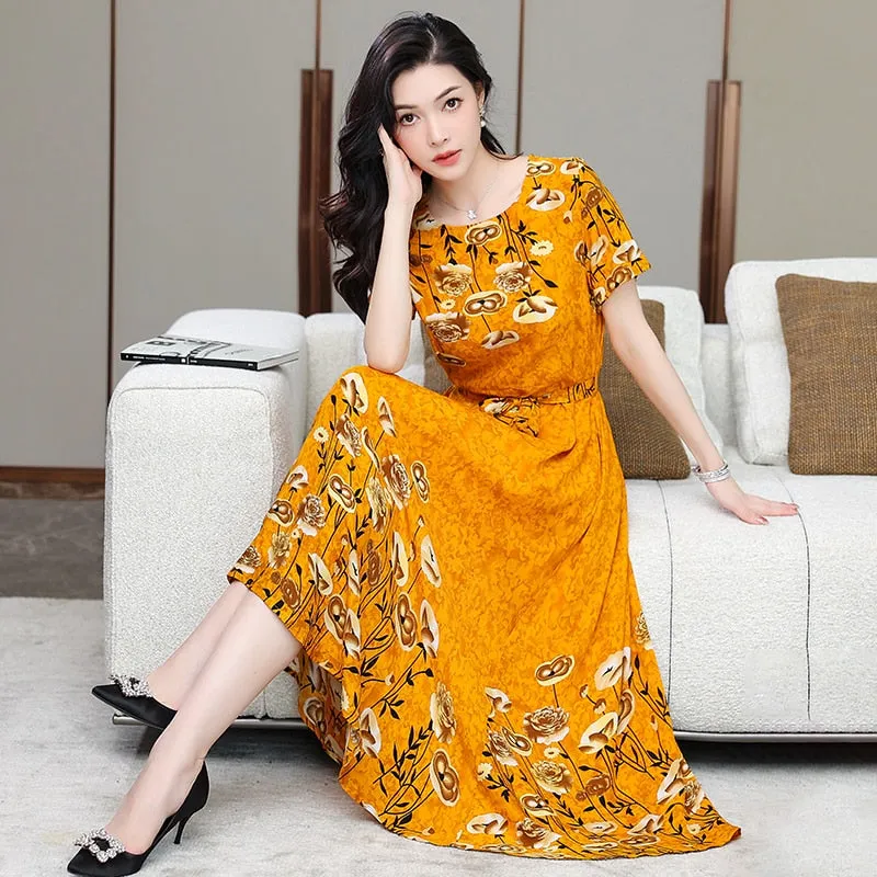 Women Summer Casual Loose Party Printing O-neck Maxi Dresses - WD8055