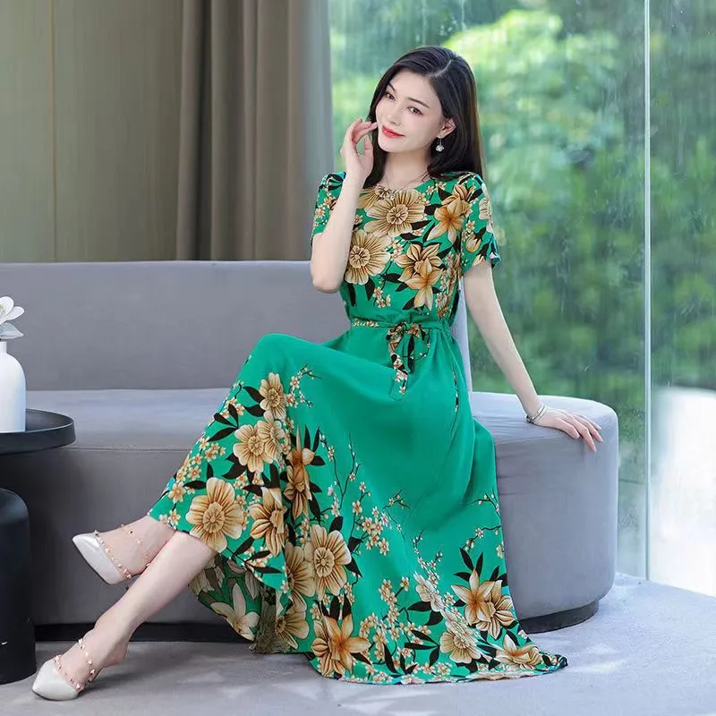 Women Summer Casual Loose Party Printing O-neck Maxi Dresses - WD8055