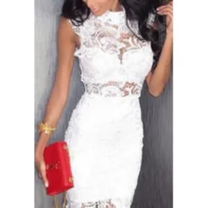 Women's High Neck Sleeveless Short Length Lace Dress Without Bra White - UWD087