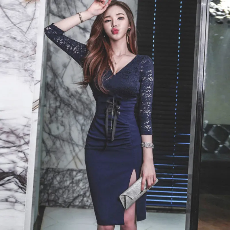 Women's Summer Lace Patchwork V-Neck Sheath Dress