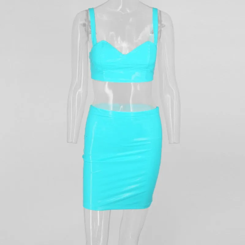 Women's Summer PU Leather Sleeveless Sheath Two-Piece Dress