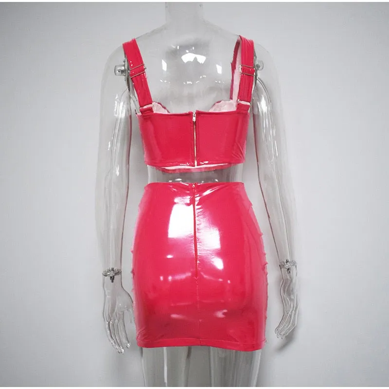 Women's Summer PU Leather Sleeveless Sheath Two-Piece Dress