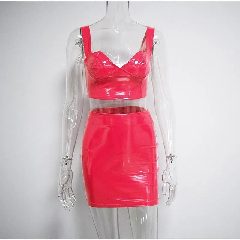 Women's Summer PU Leather Sleeveless Sheath Two-Piece Dress