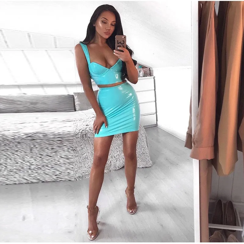Women's Summer PU Leather Sleeveless Sheath Two-Piece Dress